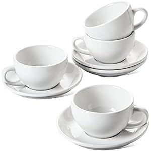 Le tauci 8 oz cappuccino cups with saucersceramic large coffee cup for au lait double shot latte cafe mocha tea set of 4 white  urban country home decor