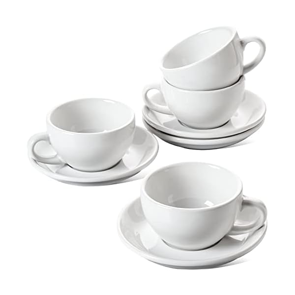 Le tauci 8 oz cappuccino cups with saucersceramic large coffee cup for au lait double shot latte cafe mocha tea set of 4 white  urban country home decor