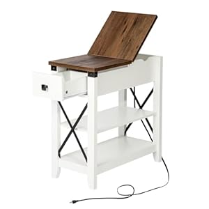   Narrow-End-Table-with-Charging-Station-Farmhouse-Slim-Side-Table-wUSB-Ports-Power-Outlets-Nightstand-wFlip-Top-Storage-Drawer-for-Small-Spaces-Living-Room-Bedroom-Brown-White