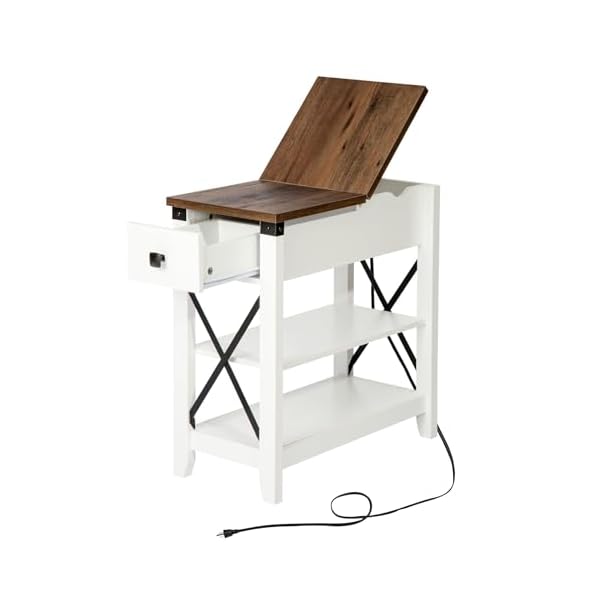   Narrow-End-Table-with-Charging-Station-Farmhouse-Slim-Side-Table-wUSB-Ports-Power-Outlets-Nightstand-wFlip-Top-Storage-Drawer-for-Small-Spaces-Living-Room-Bedroom-Brown-White