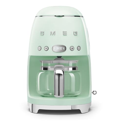 Smeg 50s Retro Style Aesthetic Drip Coffee Machine with 10 Cup Glass Carafe Auto Start Feature Keep Warm Plate and Two Coffee Strength Settings Pastel Green