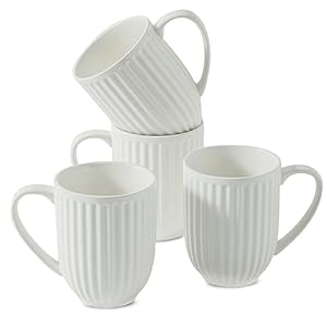 Hasense Ceramic Coffee Mugs Set of 4 16 Oz Large Ribbed Coffee Cups with Big Handle Unique Modern Style White Latte Mugs for TeaCocoaMilkCappuccino Microwave Dishwasher Safe