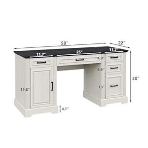 Furniouse 58" Executive Desk, Farmhouse Computer Desk with Drawers and Cabinet with Charging Station, Wooden Home Office Desk, Workspace for Work & Writing, Black Tabletop Furniouse 58 Executive Desk Farmhouse Computer Desk with Drawers and Cabinet with Charging Station Wooden Home Office Desk Workspace for Work Writing Black Tabletop