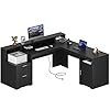 63 Farmhouse L Shaped Desk with Drawers Storage Shelf Corner Computer Desk with Power Outlets for Home Office Executive Desk with Monitor Stand Printer Shelf Black