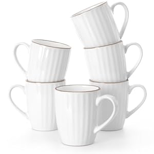 famiware Coffee Mugs Sets for 6 Eden 12 oz Mug Set Coffee Cups with Handle for Coffee Tea Cocoa and Milk Microwave and Dishwasher Safe White Stripe