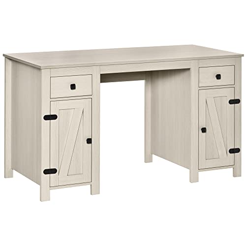 HOMCOM Farmhouse Computer Desk with Storage Home Office Desk with 2 Drawers and 2 Cabinets Cream White