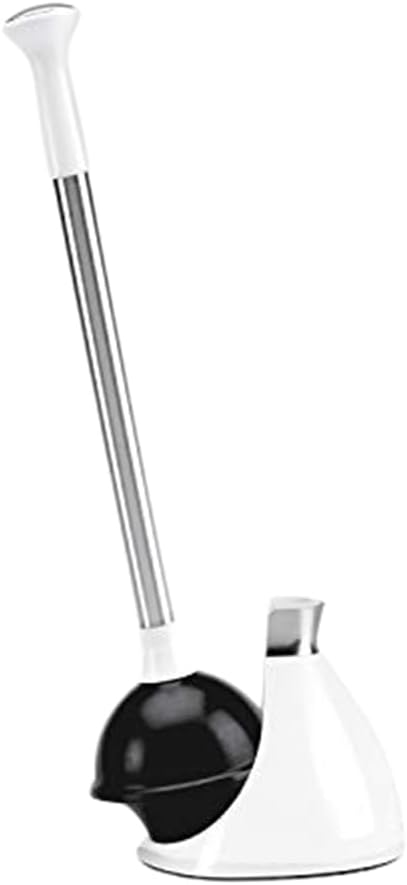 Toilet Plunger and Caddy, Stainless Steel, White