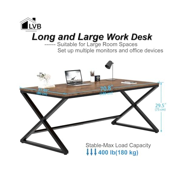 Lvb rustic large home office desk 708 long and wide computer desk wood metal work desk for study writing gaming farmhouse dual monitor workstation executive desk computer table rustic brown  urban country home decor