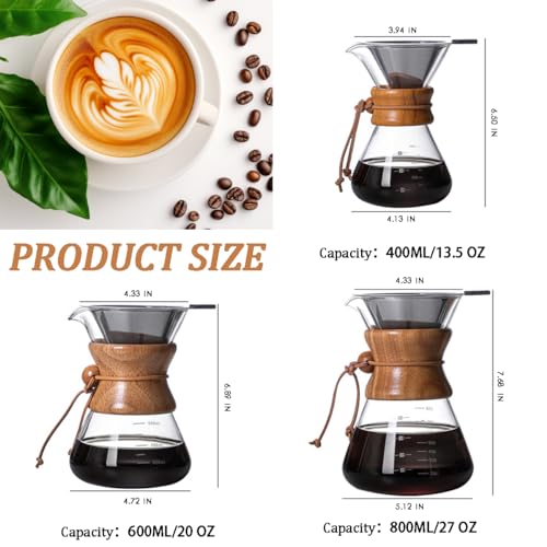 Pour-Over-Coffee-Maker-with-Reusable-Stainless-Steel-Drip-Filter-Lead-Free-Borosilicate-Glass-Coffee-Carafe-with-Modern-Wooden-Collar-for-1-4Cup-Circular-Clear-600ml20oz Pour Over Coffee Maker with Reusable Stainless Steel Drip Filter Lead Free Borosilicate Glass Coffee Carafe with Modern Wooden Collar for 1 4Cup Circular Clear 600ml20oz