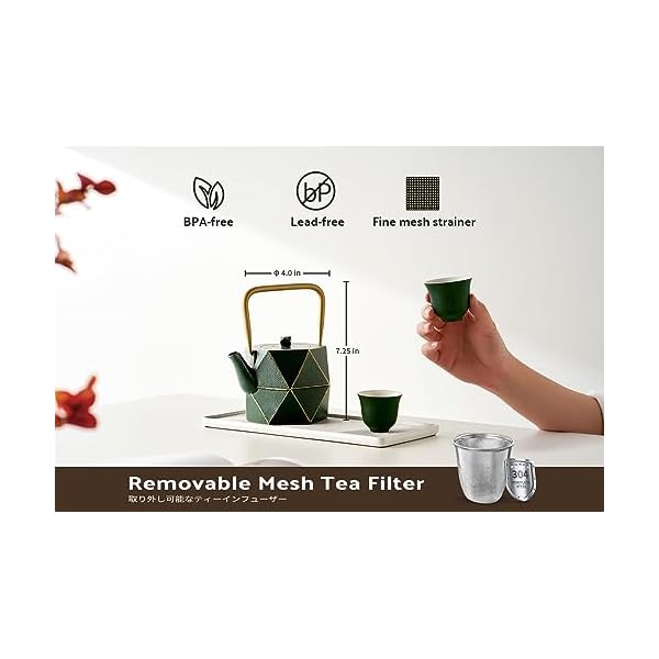   Toptier-Cast-Iron-Teapot-Stovetop-Safe-Japanese-Cast-Iron-Tea-Kettle-Diamond-Design-Tea-Pot-with-Removable-Infuser-for-Loose-Tea-30-Ounce-900-ml-Dark-Green