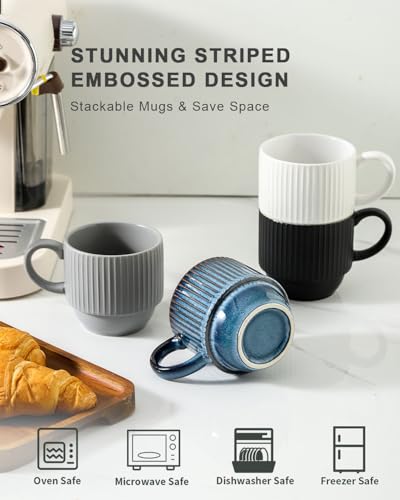 Hasense-Ceramic-Coffee-Mug-Set-of-4-with-Rack-12-oz-Stackable-Coffee-Cups-Ceramic-Modern-Ribbed-Latte-Cup-Sets-for-Cappuccino-Tea-Hot-Cocoa-Drinks-Wedding-Housewarming-Gifts-Multi-Colors Hasense Ceramic Coffee Mug Set of 4 with Rack 12 oz Stackable Coffee Cups Ceramic Modern Ribbed Latte Cup Sets for Cappuccino Tea Hot Cocoa Drinks Wedding Housewarming Gifts Multi Colors