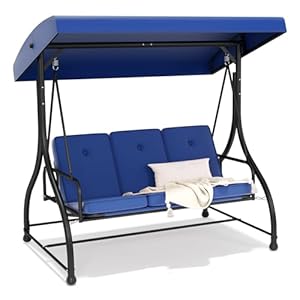 3-Seat Outdoor Patio Swing Chair with Adjustable Canopy Removable Cushion, Heavy Duty Porch Swing Glider for Patio, Backyard, Poolside, Balcony – Navy Blue