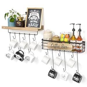 Floating Mug Racks 2 Pack Wall Mounted Coffee Cup Holder with 12 Hooks Mug Organizer for Kitchen Farmhouse Coffee Bar Decor