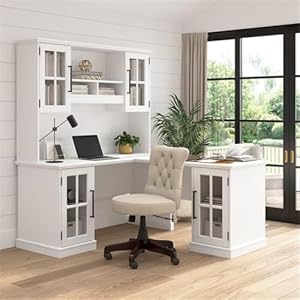 Bush Furniture Westbrook 60W L Shaped Desk with Hutch and Storage in White Ash Farmhouse Table Workstation for Personal Home Office Workspace