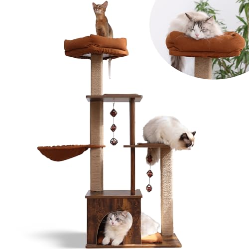 FUKUMARU-Cat-Tree-4-in-1-Large-Modern-Cats-Tower-with-Jute-Scratching-Post-and-Hammock-Wood-Cat-Condo-with-silvervine-Balls-Cat-Climber-Stand-Playhouse-for-Indoor-Cats-Retro-Style