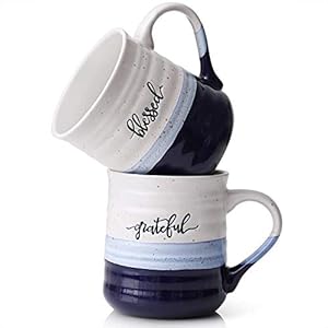 DOWAN 20 oz Coffee Mugs Large Mugs with Word Blessed Grateful Porcelain Coffee Cup Thank You Gifts for Mom Dad Set of 2