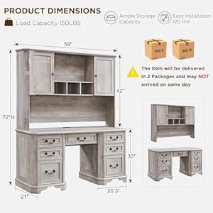 T4TREAM 59 Farmhouse Executive Desk with HutchWood Home Office Computer Desk Featuring Keyboard TrayCharging StationFile Drawer Storage Cabinetfor Work and Study Light Rustic Oak