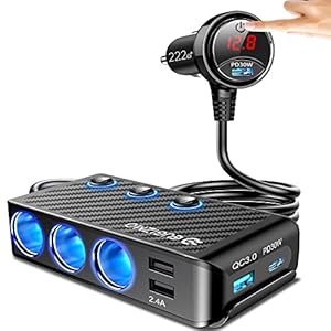 Cigarette Lighter Splitter Adapter, 222W 3 Socket Car Cigarette Lighter Plug Splitter USB Charger Multi Port 12V Car Plug Outlet Splitter with LED Voltage Display Independent Switches