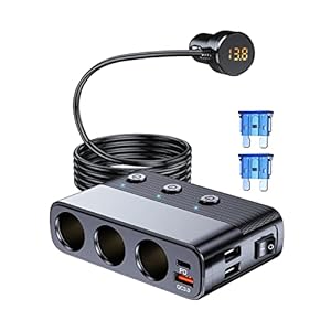 7 in 1 Cigarette Lighter Splitter, LIHAN 3 Socket Car Charger Adapter, Type-C QC3.0 PD 30W Charging, Dual USB Charging Ports, Independent Switches, LED Voltmeter, Plug Outlet 12V/24V(3.3ft Cable)