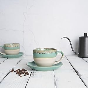 Bosmarlin ceramic cappuccino cup and saucer set of 2 10 oz coffee cups for latte espresso tea dishwasher and microwave safe reavtive glaze green  urban country home decor