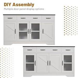 Likein Sideboard Buffet Cabinet with Storage 55 Kitchen Coffee Bar Cabinet with 3 Drawers Glass Doors Farmhouse Sideboard Buffet Table with Adjustable Shelves for Living Room Dining Room White