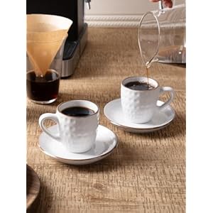 Famiware espresso cups and saucers set of 4 3 oz ceramic small coffee mug with handle embossed stoneware demitasse cup for tea latte microwave dishwasher safe white circle  urban country home decor