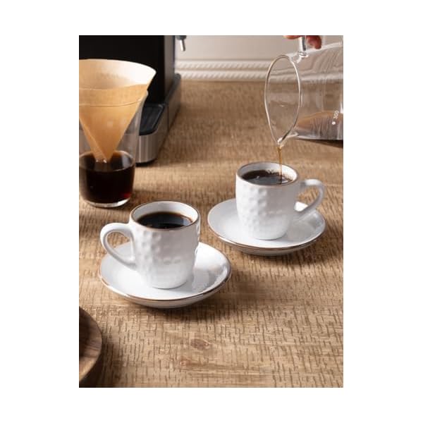 Famiware espresso cups and saucers set of 4 3 oz ceramic small coffee mug with handle embossed stoneware demitasse cup for tea latte microwave dishwasher safe white circle  urban country home decor
