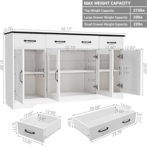 Likein Sideboard Buffet Cabinet with Storage 55 Kitchen Coffee Bar Cabinet with 3 Drawers Glass Doors Farmhouse Sideboard Buffet Table with Adjustable Shelves for Living Room Dining Room White