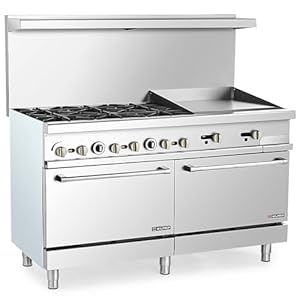 60″ Natural Gas Range with 2 Ovens 24″ Griddle, Dual Oven Gas Stove with Total 286,000 BTU Capacity, 6 Burner Commercial Gas Range with Liquid Propane Gas Conversion Kit for Restaurant Kitchen