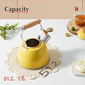 Rockurwok tea kettle tea pot with cool touch ergonomic handle teapot food grade stainless steel tea kettle stovetop kettle teapot whistling tea kettle small tea kettle 16 quart yellow  urban country home decor