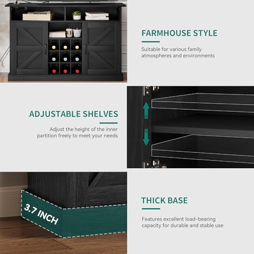 YITAHOME-Buffet-Cabinet-52-Farmhouse-Coffee-Bar-with-Power-Outlet-Floating-Shelves-Multi-Functional-Storage-Sideboard-Cabinet-for-Kitchen-and-Living-Room-Black-Oak YITAHOME Buffet Cabinet 52 Farmhouse Coffee Bar with Power Outlet Floating Shelves Multi Functional Storage Sideboard Cabinet for Kitchen and Living Room Black Oak