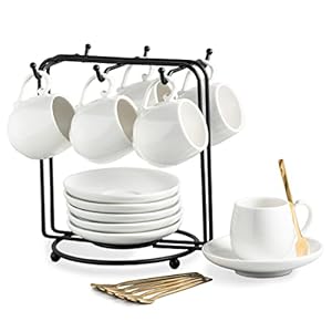 LYEOBOH Espresso Cups with Saucers Set 3 Ounces Coffee Cups with Metal Stand and Spoons Ceramic Cappuccino Coffee Cups Demitasse Cups for Espresso Latte Cafe Mocha and Tea Set of 6 White