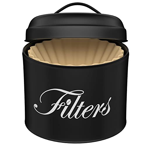 Coffee Filter Holder Black Basket Coffee Filter Storage with Lid Round Coffee Filter Container for Counter Rustic Farmhouse Coffee Bar Accessories Decor Black