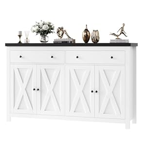 FOTOSOK Sideboard Buffet Cabinet with Storage 55 Large Kitchen Storage Cabinet with 2 Drawers and 4 Doors Wood Coffee Bar Cabinets Buffet Table for Kitchen Dining Room White and Black
