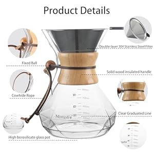 Mongdio 27 Oz Pour Over Coffee Maker with Stainless Steel Filter and Wooden Collar Holder, Borosilicate Glass Coffee Maker for Camping Home, 800ML/27OZ, Clear Mongdio 27 Oz Pour Over Coffee Maker with Stainless Steel Filter and Wooden Collar Holder Borosilicate Glass Coffee Maker for Camping Home 800ML27OZ Clear