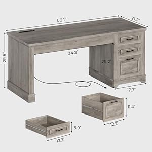 SEDETA Executive Office Desk with 3 Drawers Farmhouse 55 Computer Desk with Storage File Drawers Power Outlet for Home Office Grey