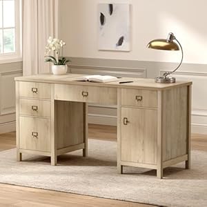 59 executive desk with file drawer farmhouse computer desk with charging station and storage cabinet wood home office desk for writing study light oak  urban country home decor