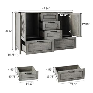 Maupvit Buffet Cabinet Sideboard Cabinet with 2 Doors and 5 Drawers Farmhouse Buffet Table with Storage for Kitchen Wood Buffet Coffee Bar Table for Dining Room Grey