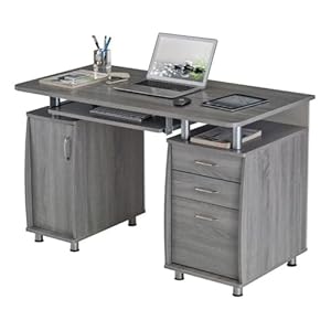 Pemberly Row 48 Wide Home Office Computer Desk in Gray with CPU Storage Cabinet and Hanging File Cabinet Grey