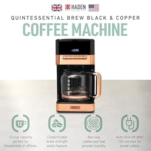 HADEN Quintessential 12 Cup Brew Coffee Maker 120 Min Keep Warm Delay Brew Adjustable Strength Programmable Clock 30s Anti Drip BlackCopper