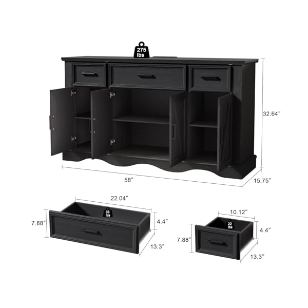 58 large wooden buffet cabinet with storage modern coffee bar and wine bar wave base design multi purpose buffet table with charging station for living roomdining room or kitchenblack  urban country home decor