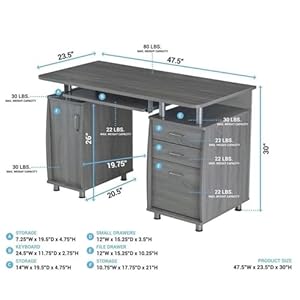 Pemberly Row 48 Wide Home Office Computer Desk in Gray with CPU Storage Cabinet and Hanging File Cabinet Grey