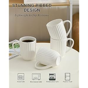 Hasense Ceramic Coffee Mugs Set of 4, 16 Oz Large Ribbed Coffee Cups with Big Handle, Unique Modern Style White Latte Mugs for Tea,Cocoa,Milk,Cappuccino, Microwave & Dishwasher Safe Hasense Ceramic Coffee Mugs Set of 4 16 Oz Large Ribbed Coffee Cups with Big Handle Unique Modern Style White Latte Mugs for TeaCocoaMilkCappuccino Microwave Dishwasher Safe