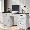 60 Farmhouse Executive Desk with 5 Drawers Home Office Desk with Storage and Charging Station Wooden Computer Workspace with Lock Cabinet with Adjustable Shelf for Work Study White