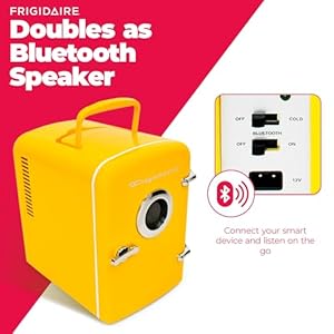 Frigidaire Curtis EFMIS151 Mini Portable Compact Personal Cooler Fridge 4 Liter Capacity 6 Cans Makeup Skincare Freon Free Eco Friendly Includes Home Plug 12V Car Charger Yellow