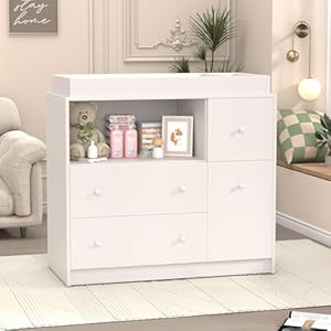 Baby Changing Dresser with Large Tabletop 3 Drawers Open Storage Space and Open Storage Shelf–Ideal Changing Table for Nurseries and Baby Rooms