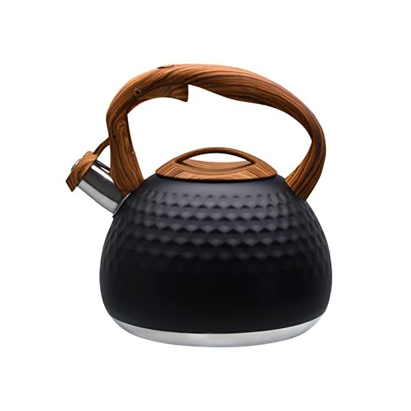   GGC-Tea-Kettle-for-Stove-Top-Loud-Whistling-Kettle-for-Boiling-Water-Coffee-or-Milk-31-Quart-3L-Heavy-Stainless-Steel-Black-Kettle-with-Wood-Pattern-Handle-Unique-Button-Control-Kettle-Outlet