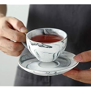 FUYU Gold Edge Marble Ceramic Espresso Coffee Cup and Saucer Set Tea Cup
