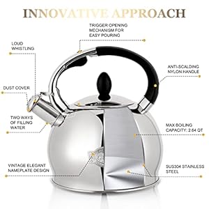 Susteasstovetopwhistlingteakettlefoodgradestainlesssteelteakettleteapotwithcooltouchergonomichandlewith1siliconepinchmittincluded264quartsilver Urban Country Home Decor Susteas stove top whistling tea kettle food grade stainless steel teakettle teapot with cool touch ergonomic handle with 1 silicone pinch mitt included264 quartsilver urban country home decor