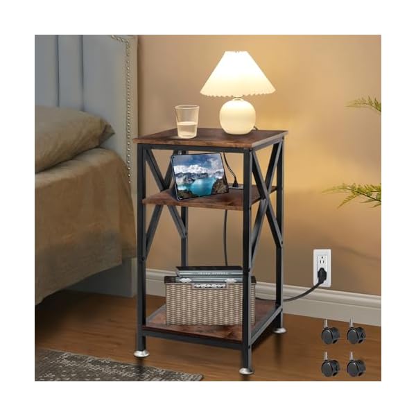 Toocust 3 tier end table with charging station 16 w x 12 d x 28 h metal and brown bedside table with usb ports and outlets x shaped side table with wheels for living room bedroom kitchen  urban country home decor